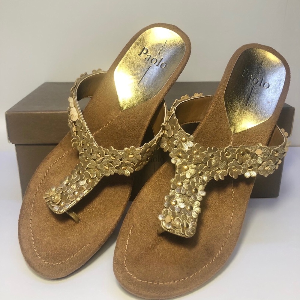 Linea Paolo gold flower wedge sandals